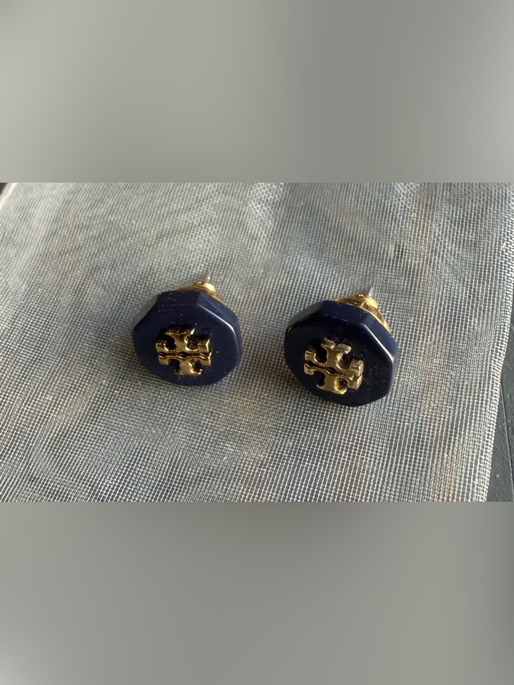 Tory Burch Navy Blue Octagonal Logo Stud Earrings Gold Tone | Original Logo Back